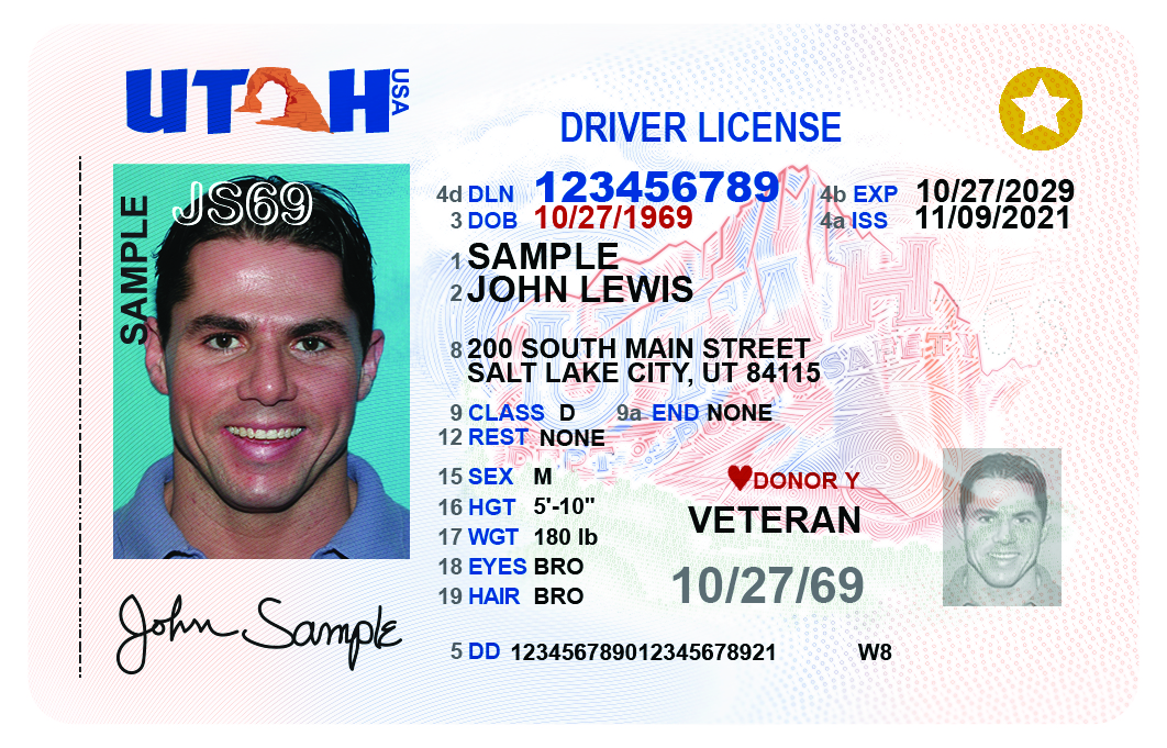 Image shows Sample of new driver license design for fictional person John Sample